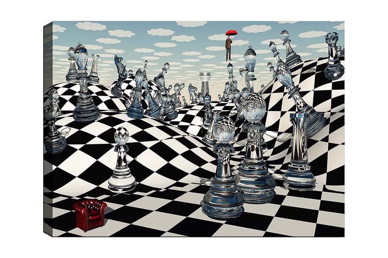 Canvastavla 70x100 cm - Surrealistisk schackbräda med genomskinliga schackpjäser som sträcker sig över böljande landskap, Svart / Vitt / Transparent
