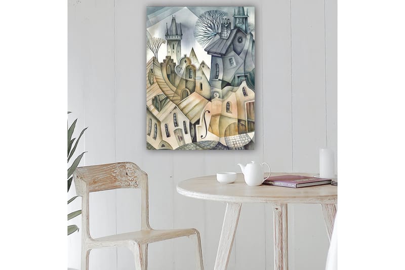 Canvastavla 70x100 cm - Surrealistisk stadsbild med böljande hus och torn som skapar en drömlik atmosfär - Grå / Beige / Vit - Inredning & dekor - Tavlor & konst - Canvastavla
