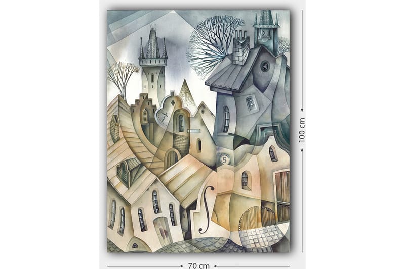 Canvastavla 70x100 cm - Surrealistisk stadsbild med böljande hus och torn som skapar en drömlik atmosfär - Grå / Beige / Vit - Inredning & dekor - Tavlor & konst - Canvastavla