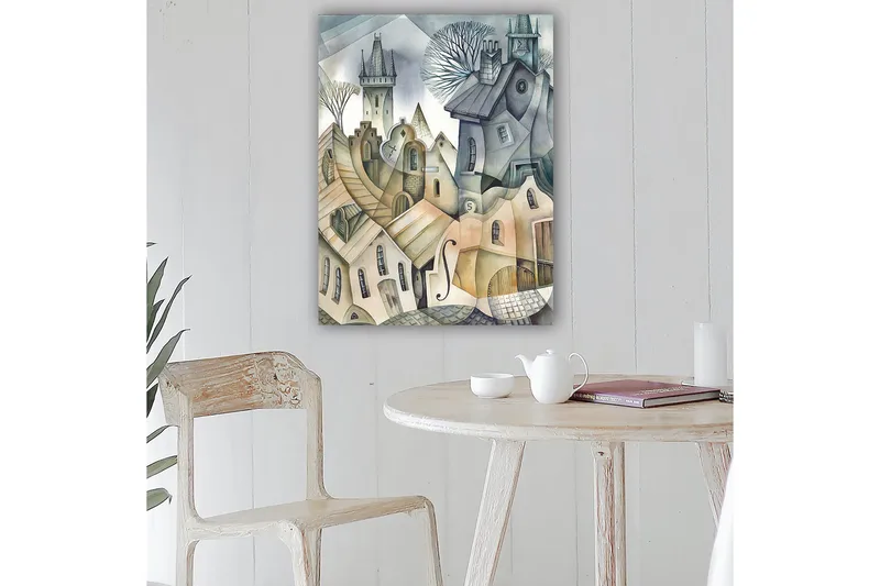 Canvastavla 70x100 cm - Surrealistisk stadsbild med böljande hus och torn som skapar en drömlik atmosfär - Grå / Beige / Vit - Inredning & dekor - Tavlor & konst - Canvastavla