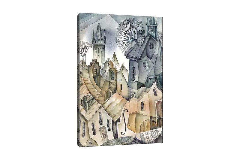 Canvastavla 70x100 cm - Surrealistisk stadsbild med böljande hus och torn som skapar en drömlik atmosfär, Grå / Beige / Vit