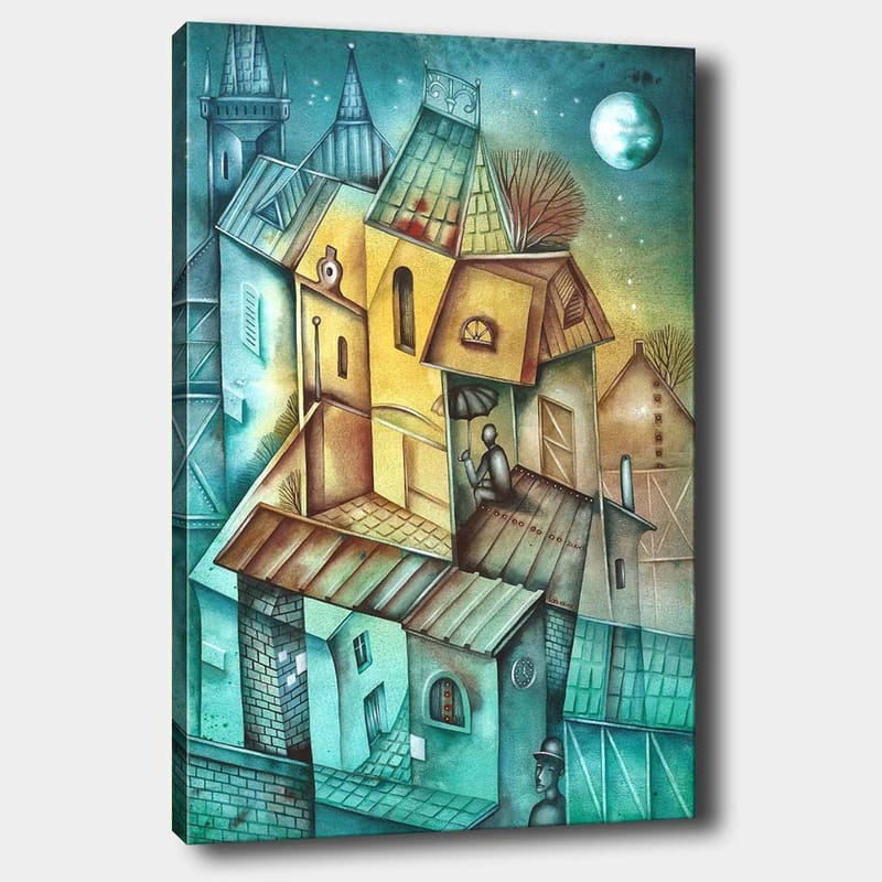 Canvastavla 70x100 cm - Surrealistisk stadsbild med färgglada hus och en person som sitter på taket under en paraply - Grön / Gul / Blå - Inredning & dekor - Tavlor & konst - Canvastavla