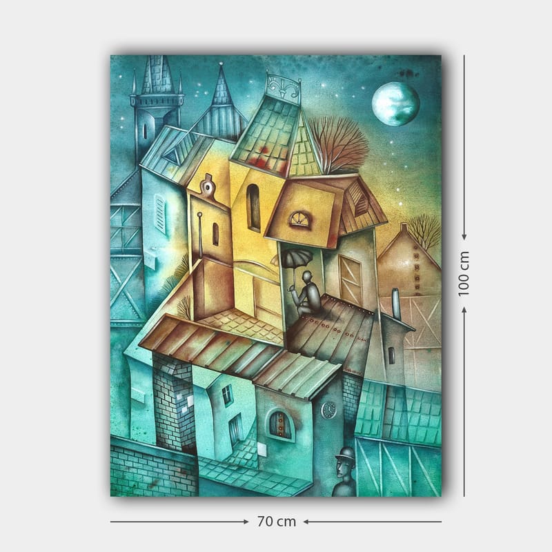 Canvastavla 70x100 cm - Surrealistisk stadsbild med färgglada hus och en person som sitter på taket under en paraply - Grön / Gul / Blå - Inredning & dekor - Tavlor & konst - Canvastavla