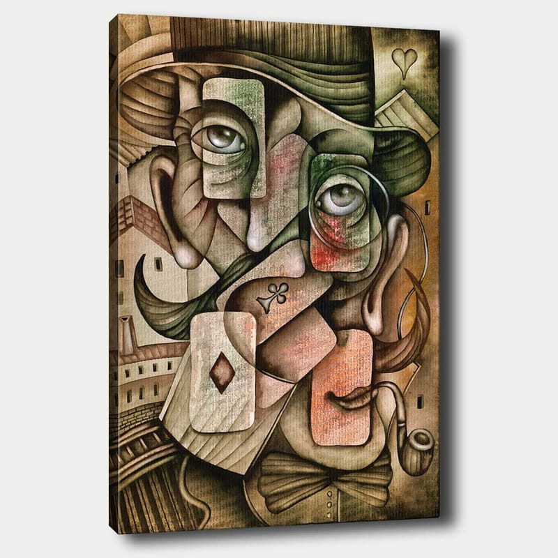 Canvastavla 70x100 cm - Surrealistisk porträttkomposition med två ansikten och spelkortselement - Grön / Brun / Röd - Inredning & dekor - Tavlor & konst - Canvastavla