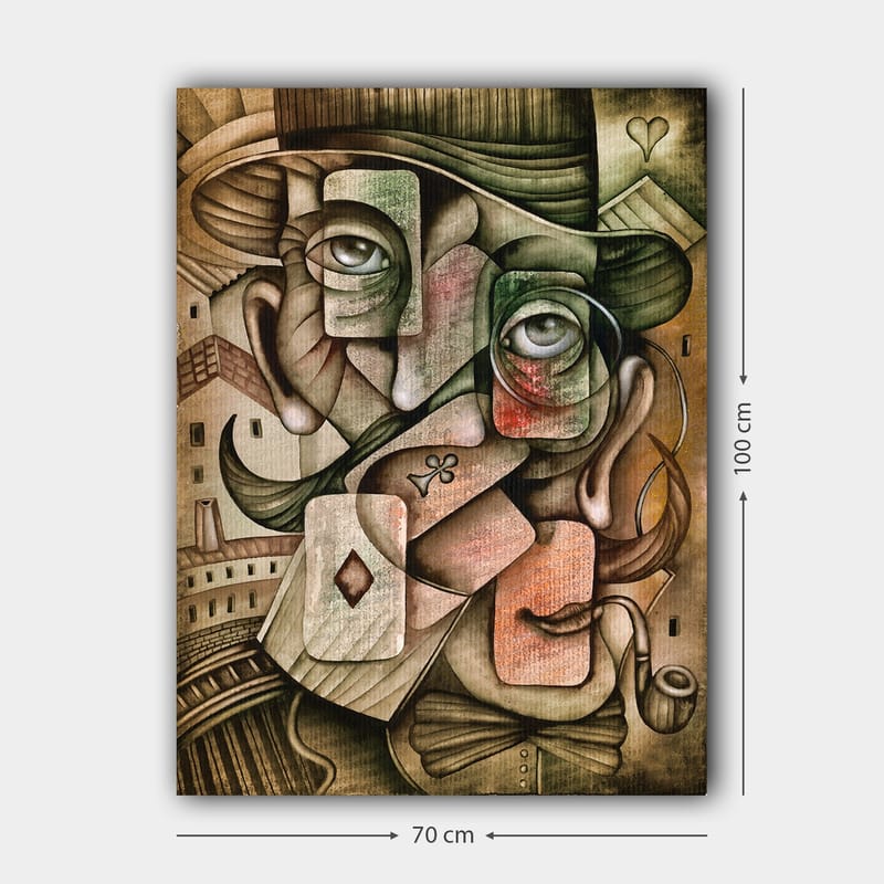Canvastavla 70x100 cm - Surrealistisk porträttkomposition med två ansikten och spelkortselement - Grön / Brun / Röd - Inredning & dekor - Tavlor & konst - Canvastavla