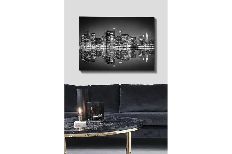 Canvastavla 70x100 cm - Svartvit stadssilhuett med reflektioner i vattnet, Svart / Vitt / Grått