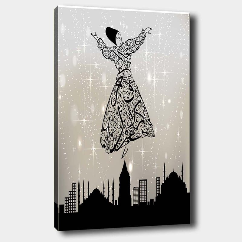 Canvastavla 70x100 cm - Svävande dansare i traditionell klädsel, omgiven av en stadssilhuett - Svart / Vit / Grå - Inredning & dekor - Tavlor & konst - Canvastavla