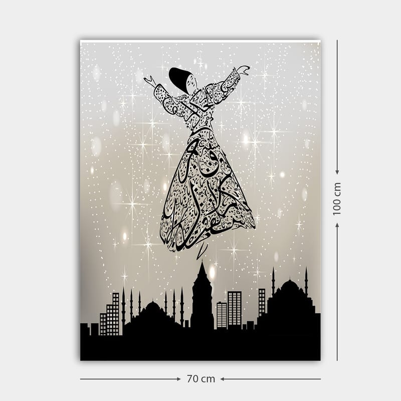 Canvastavla 70x100 cm - Svävande dansare i traditionell klädsel, omgiven av en stadssilhuett - Svart / Vit / Grå - Inredning & dekor - Tavlor & konst - Canvastavla