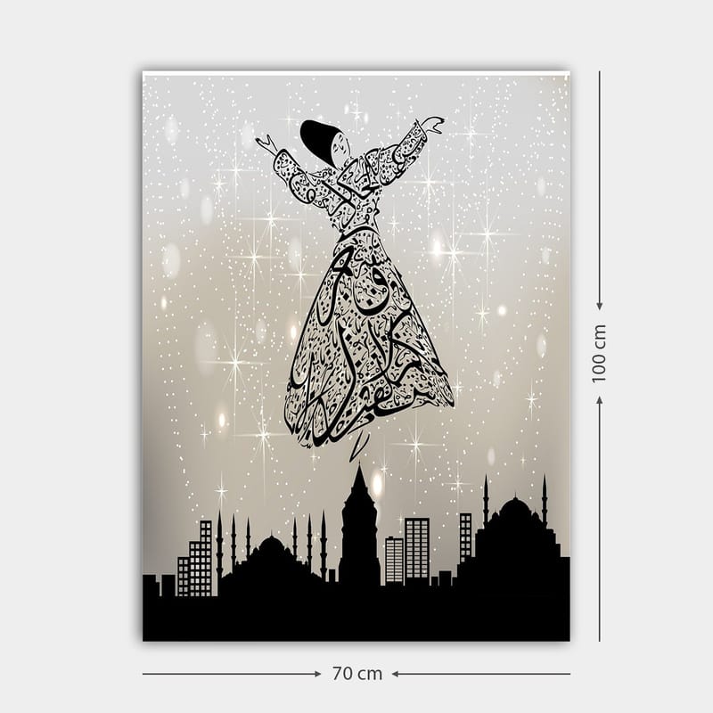 Canvastavla 70x100 cm - Svävande dansare i traditionell klädsel, omgiven av en stadssilhuett - Svart / Vit / Grå - Inredning & dekor - Tavlor & konst - Canvastavla