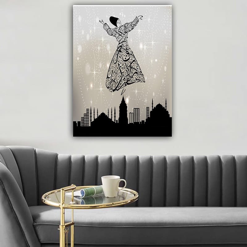 Canvastavla 70x100 cm - Svävande dansare i traditionell klädsel, omgiven av en stadssilhuett - Svart / Vit / Grå - Inredning & dekor - Tavlor & konst - Canvastavla