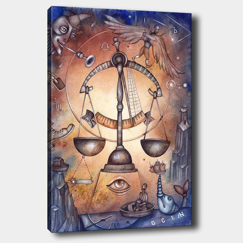 Canvastavla 70x100 cm - Symbolisk skala som representerar balans, omgiven av olika element som föreställer livets komplexitet - Guld / Blå / Brun - Inredning & dekor - Tavlor & konst - Canvastavla