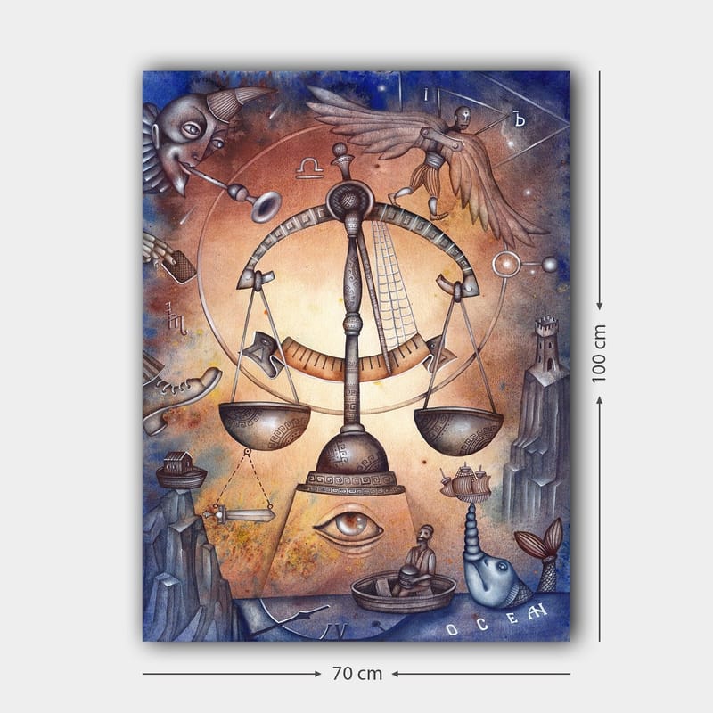 Canvastavla 70x100 cm - Symbolisk skala som representerar balans, omgiven av olika element som föreställer livets komplexitet - Guld / Blå / Brun - Inredning & dekor - Tavlor & konst - Canvastavla