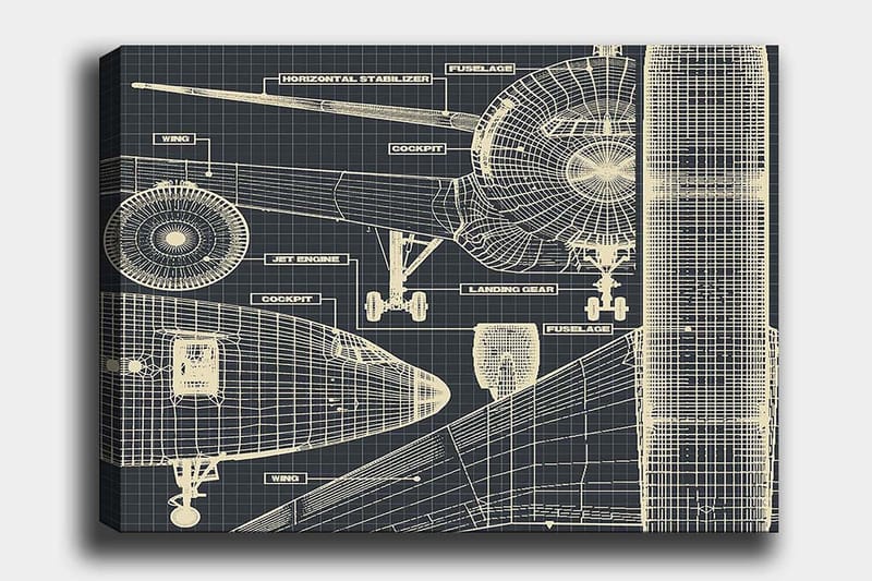 Canvastavla 70x100 cm - Teknisk ritning av ett flygplan med detaljerade komponenter, Mörkblå / Ljusbeige