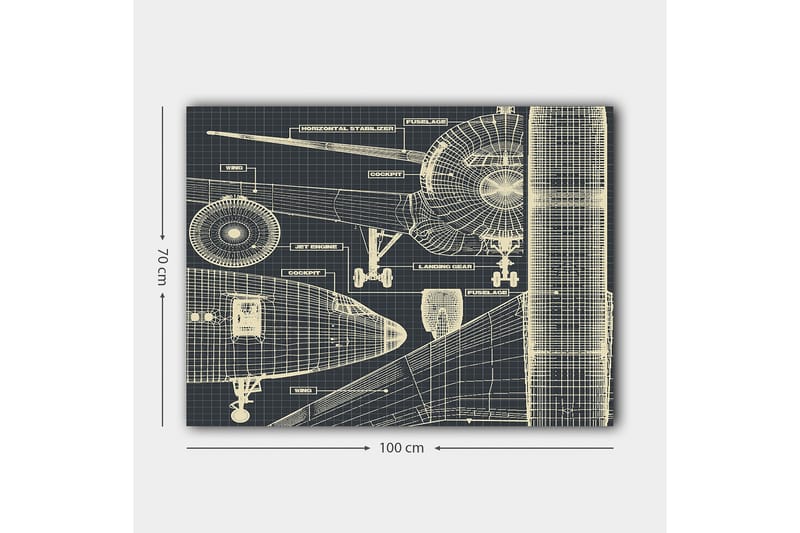 Canvastavla 70x100 cm - Teknisk ritning av ett flygplan med detaljerade komponenter - Mörkblå / Ljusbeige - Inredning & dekor - Tavlor & konst - Canvastavla