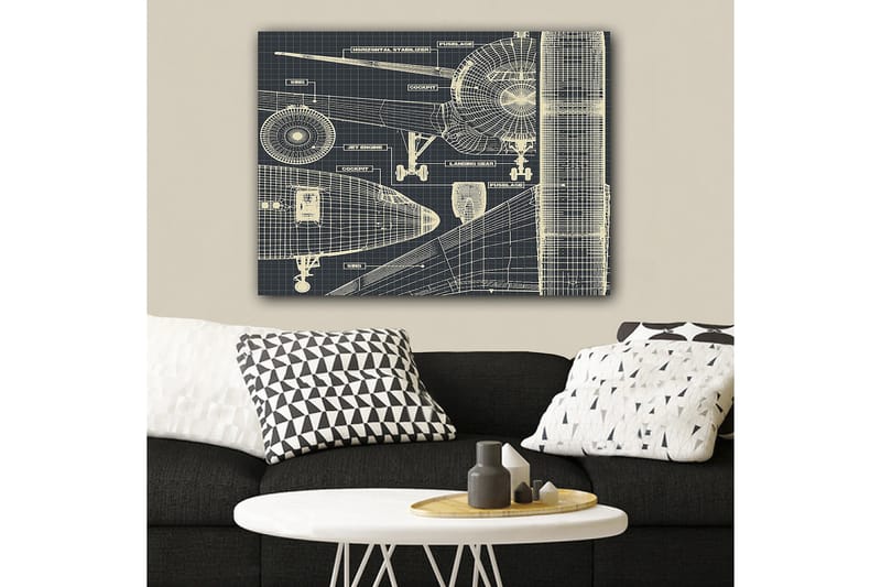 Canvastavla 70x100 cm - Teknisk ritning av ett flygplan med detaljerade komponenter - Mörkblå / Ljusbeige - Inredning & dekor - Tavlor & konst - Canvastavla