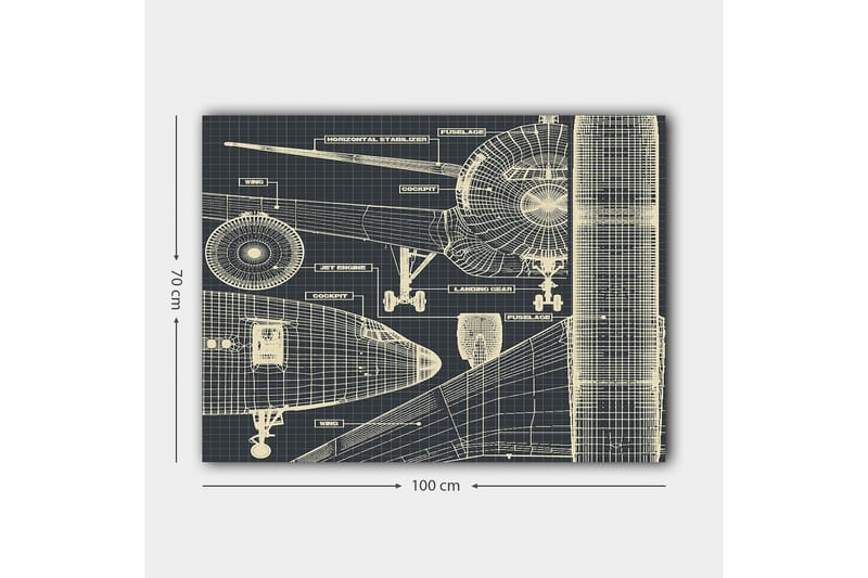 Canvastavla 70x100 cm - Teknisk ritning av ett flygplan med detaljerade komponenter - Mörkblå / Ljusbeige - Inredning & dekor - Tavlor & konst - Canvastavla