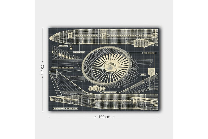 Canvastavla 70x100 cm - Teknisk ritning av ett flygplan med fokus på motor och vingar - Mörkblå / Beige - Inredning & dekor - Tavlor & konst - Canvastavla