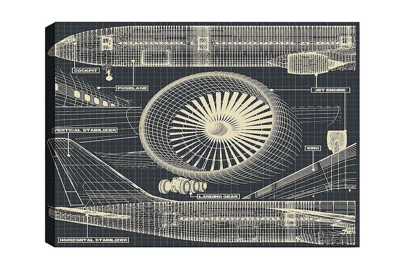 Canvastavla 70x100 cm - Teknisk ritning av ett flygplan med fokus på motor och vingar, Mörkblå / Beige