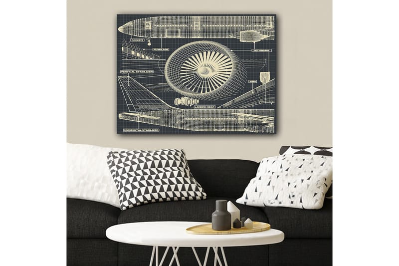Canvastavla 70x100 cm - Teknisk ritning av ett flygplan med fokus på motor och vingar - Mörkblå / Beige - Inredning & dekor - Tavlor & konst - Canvastavla