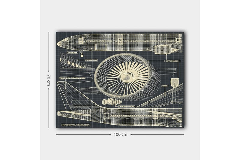 Canvastavla 70x100 cm - Teknisk ritning av ett flygplan med fokus på motor och vingar - Mörkblå / Beige - Inredning & dekor - Tavlor & konst - Canvastavla