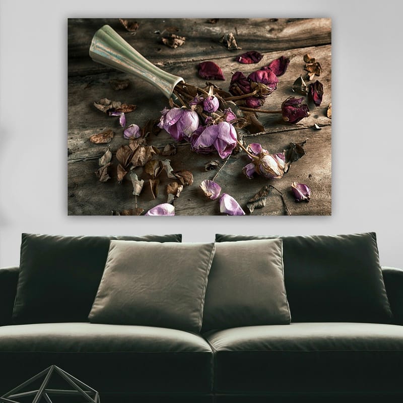 Canvastavla 70x100 cm - Torkade rosor och blad i en vacker komposition - Lila / Brun / Grön - Inredning & dekor - Tavlor & konst - Canvastavla