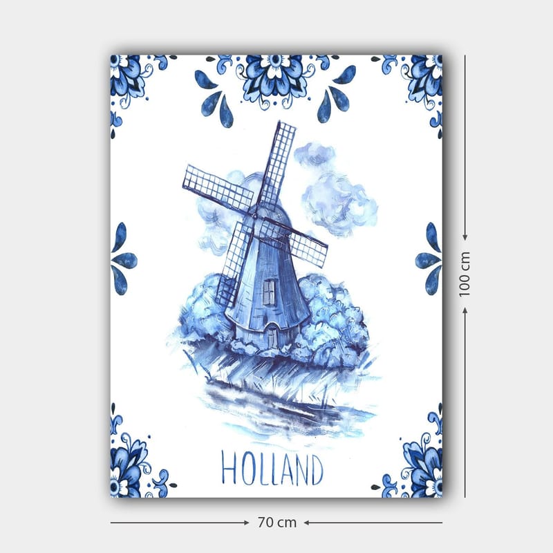 Canvastavla 70x100 cm - Traditionell holländsk väderkvarn omgiven av blå blommor och moln - Blå / Vit - Inredning & dekor - Tavlor & konst - Canvastavla