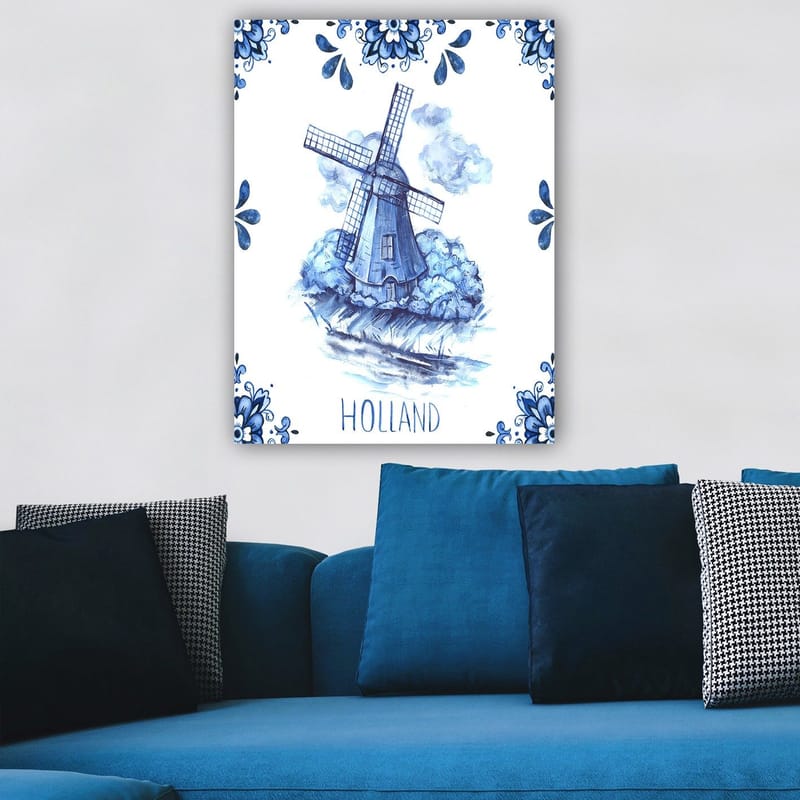 Canvastavla 70x100 cm - Traditionell holländsk väderkvarn omgiven av blå blommor och moln - Blå / Vit - Inredning & dekor - Tavlor & konst - Canvastavla