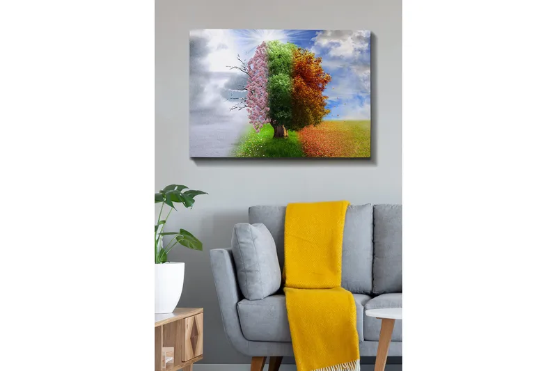 Canvastavla 70x100 cm - Trädkonstruktion som representerar de fyra årstiderna, från vinter till vår, som övergår till sommar och höst - Rosa / Grön / Orange - Inredning & dekor - Tavlor & konst - Canvastavla