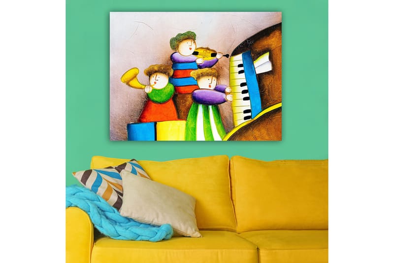 Canvastavla 70x100 cm - Tre glada barn som spelar musik med olika instrument - Grön / Röd / Blå - Inredning & dekor - Tavlor & konst - Canvastavla
