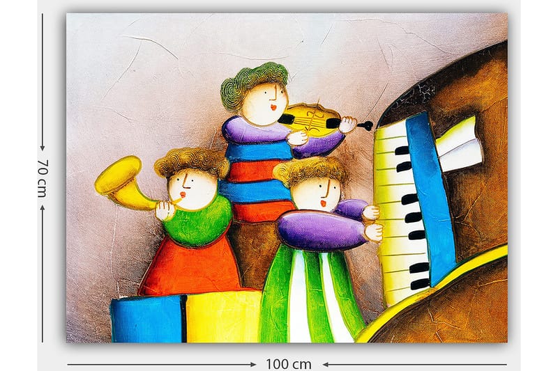 Canvastavla 70x100 cm - Tre glada barn som spelar musik med olika instrument - Grön / Röd / Blå - Inredning & dekor - Tavlor & konst - Canvastavla