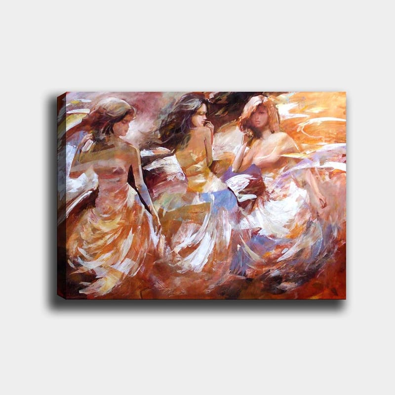 Canvastavla 70x100 cm - Tre kvinnor i flödande klänningar som dansar, fångade i en dynamisk rörelse - Orange / Vit / Beige - Inredning & dekor - Tavlor & konst - Canvastavla