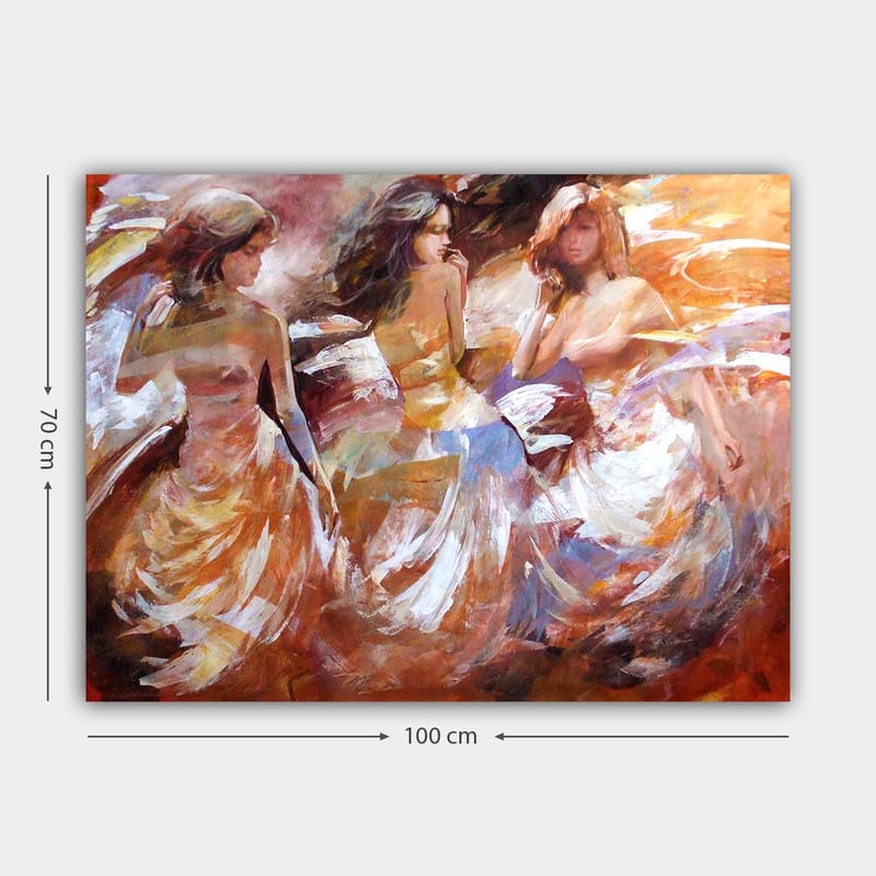 Canvastavla 70x100 cm - Tre kvinnor i flödande klänningar som dansar, fångade i en dynamisk rörelse - Orange / Vit / Beige - Inredning & dekor - Tavlor & konst - Canvastavla
