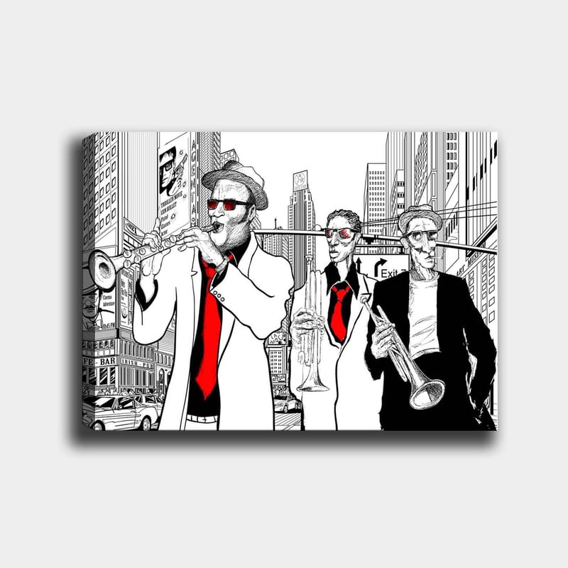 Canvastavla 70x100 cm - Tre musiker i kostymer spelar instrument på en livlig stadsgata - Röd / Svart / Vit - Inredning & dekor - Tavlor & konst - Canvastavla