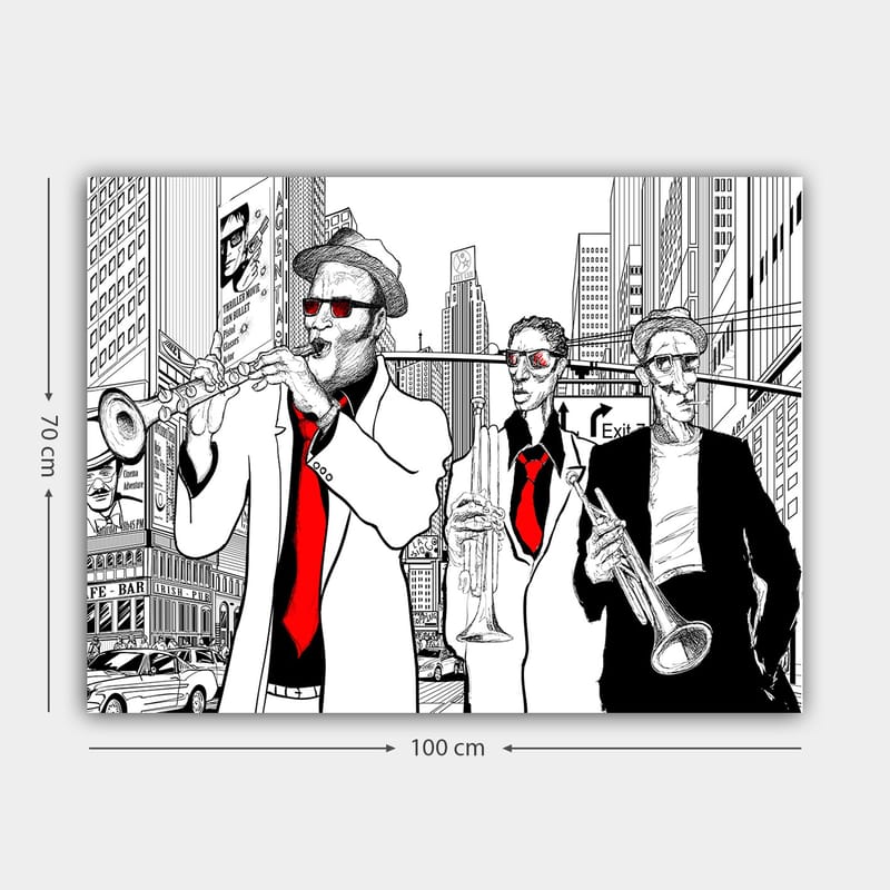 Canvastavla 70x100 cm - Tre musiker i kostymer spelar instrument på en livlig stadsgata - Röd / Svart / Vit - Inredning & dekor - Tavlor & konst - Canvastavla