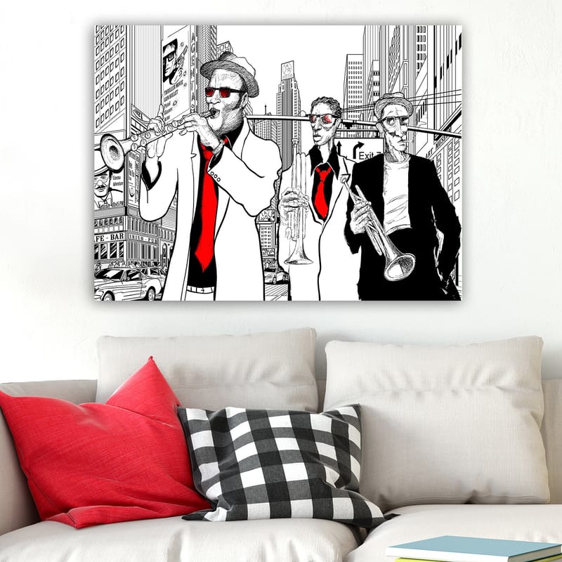Canvastavla 70x100 cm - Tre musiker i kostymer spelar instrument på en livlig stadsgata - Röd / Svart / Vit - Inredning & dekor - Tavlor & konst - Canvastavla