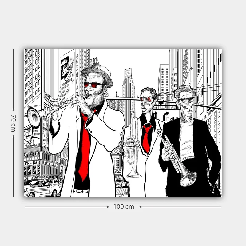 Canvastavla 70x100 cm - Tre musiker i kostymer spelar instrument på en livlig stadsgata - Röd / Svart / Vit - Inredning & dekor - Tavlor & konst - Canvastavla