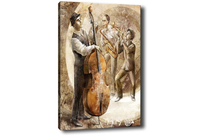 Canvastavla 70x100 cm - Tre musiker som spelar jazz, med en kontrabas i fokus - Brun / Beige / Vit - Inredning & dekor - Tavlor & konst - Canvastavla