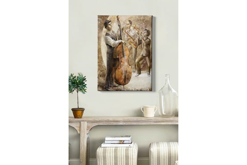 Canvastavla 70x100 cm - Tre musiker som spelar jazz, med en kontrabas i fokus - Brun / Beige / Vit - Inredning & dekor - Tavlor & konst - Canvastavla
