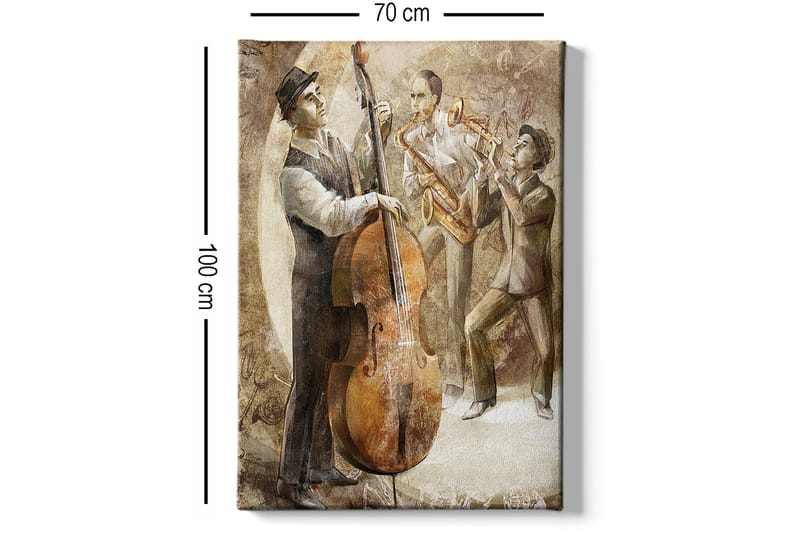 Canvastavla 70x100 cm - Tre musiker som spelar jazz, med en kontrabas i fokus - Brun / Beige / Vit - Inredning & dekor - Tavlor & konst - Canvastavla