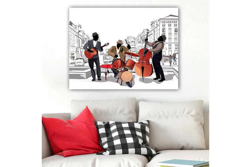 Canvastavla 70x100 cm - Tre musiker som spelar på gatan, med fokus på gitarr, trummor och kontrabas - Röd / Svart / Beige - Inredning & dekor - Tavlor & konst - Canvastavla
