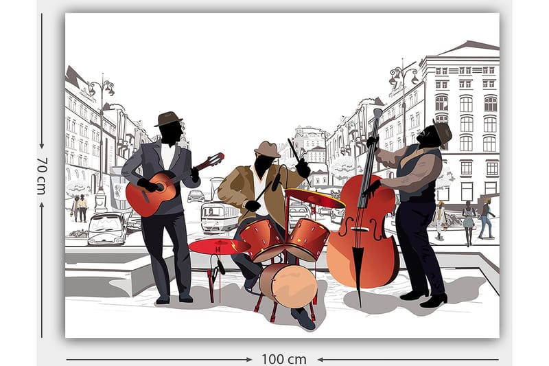 Canvastavla 70x100 cm - Tre musiker som spelar på gatan, med fokus på gitarr, trummor och kontrabas - Röd / Svart / Beige - Inredning & dekor - Tavlor & konst - Canvastavla