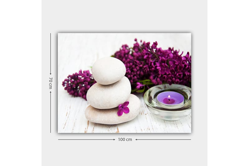 Canvastavla 70x100 cm - Tre staplade stenar med en lila blomma och ett doftljus i en lugn och harmonisk komposition - Ljusgrå / Lila - Inredning & dekor - Tavlor & konst - Canvastavla