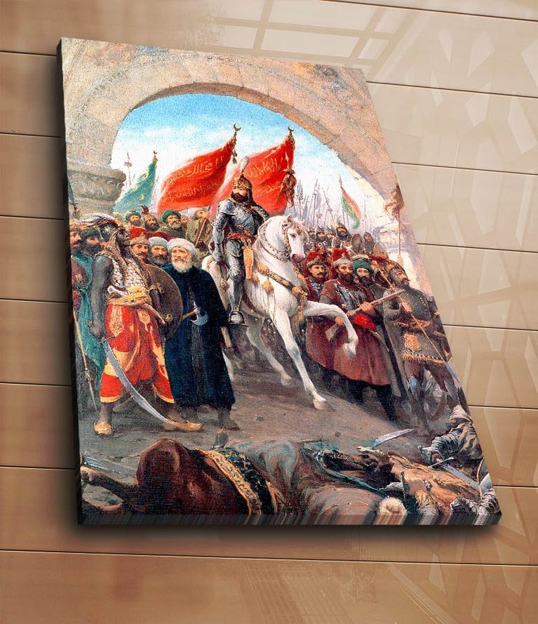 Canvastavla 70x100 cm - Triumferande ledare på en vit häst omgiven av en folkmassa med röda flaggor - Röd / Vit / Brun - Inredning & dekor - Tavlor & konst - Canvastavla