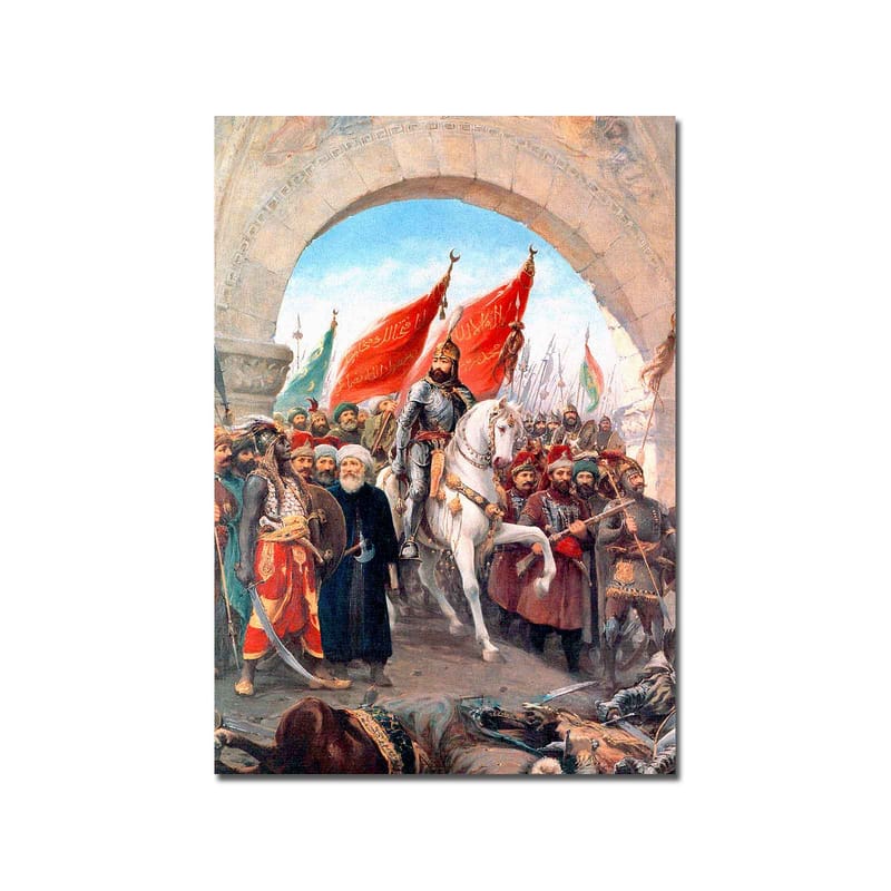 Canvastavla 70x100 cm - Triumferande ledare på en vit häst omgiven av en folkmassa med röda flaggor - Röd / Vit / Brun - Inredning & dekor - Tavlor & konst - Canvastavla