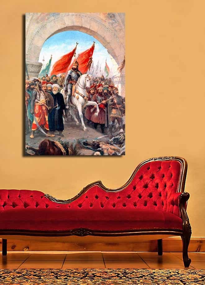 Canvastavla 70x100 cm - Triumferande ledare på en vit häst omgiven av en folkmassa med röda flaggor - Röd / Vit / Brun - Inredning & dekor - Tavlor & konst - Canvastavla