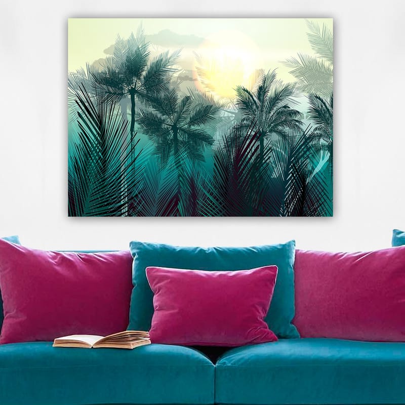 Canvastavla 70x100 cm - Tropisk landskap med palmer och en soluppgång i bakgrunden - Turkos / Grön / Gul - Inredning & dekor - Tavlor & konst - Canvastavla