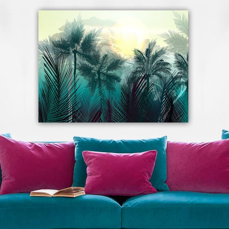 Canvastavla 70x100 cm - Tropisk landskap med palmer och en soluppgång i bakgrunden - Turkos / Grön / Gul - Inredning & dekor - Tavlor & konst - Canvastavla