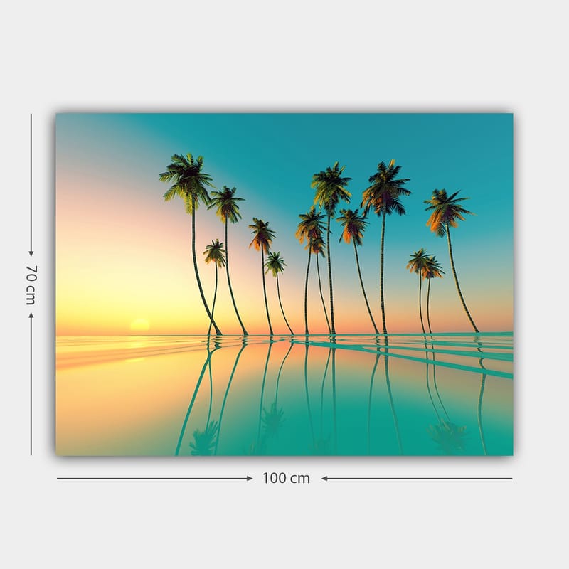 Canvastavla 70x100 cm - Tropisk solnedgång med palmer som speglas i stilla vatten - Turkos / Orange / Grön - Inredning & dekor - Tavlor & konst - Canvastavla
