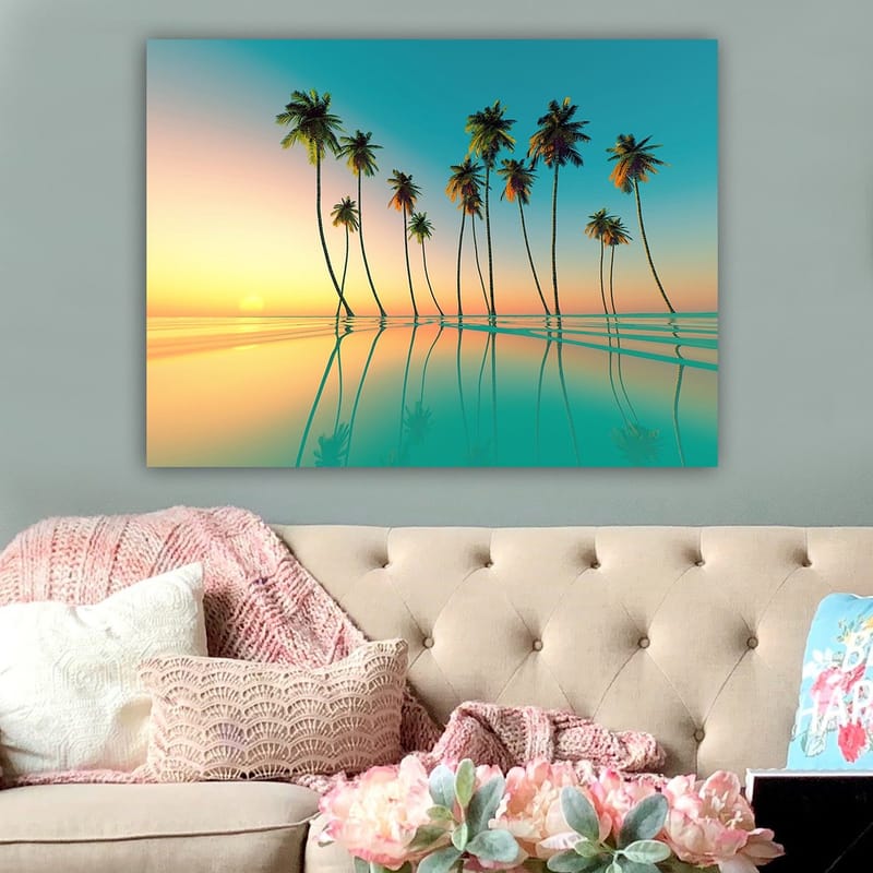 Canvastavla 70x100 cm - Tropisk solnedgång med palmer som speglas i stilla vatten - Turkos / Orange / Grön - Inredning & dekor - Tavlor & konst - Canvastavla