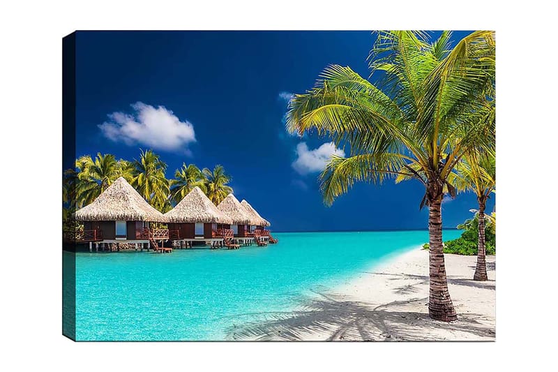 Canvastavla 70x100 cm - Tropisk strand med bungalower och palmer vid klart turkost vatten - Turkos / Grön / Beige - Inredning & dekor - Tavlor & konst - Canvastavla